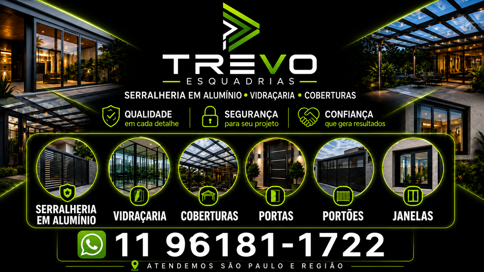Material de apresentação da Trevo Esquadrias: serralheria de alumínio, vidraçaria, coberturas, portas, portões e janelas